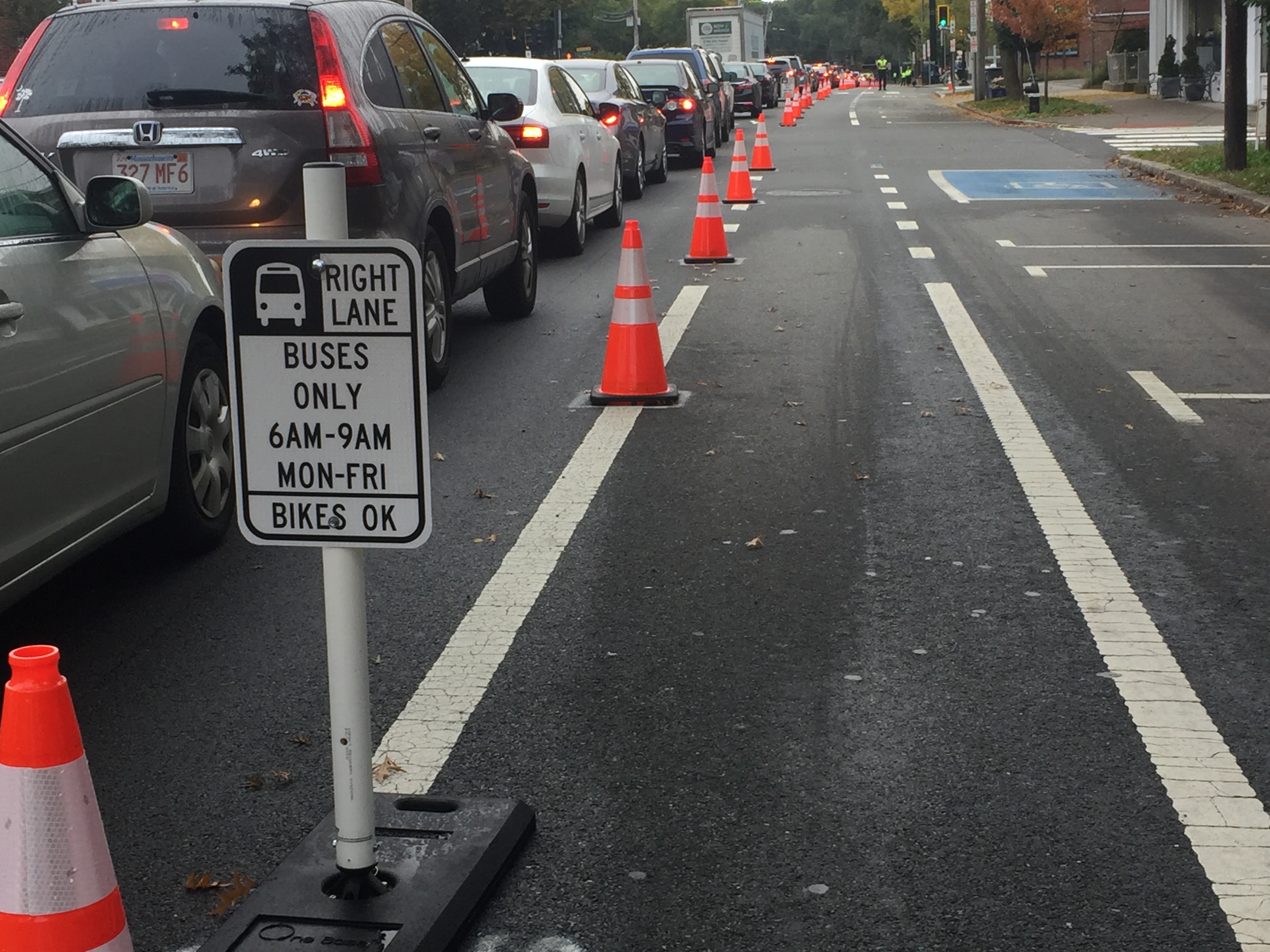 Arlington BRT pilot bus lane created with traffic cones