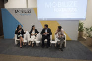 Amy Malaki of ClimateWorks moderated a session on electric mobility with (left to right) Xianyuan Zhu, ITDP China, Adalberto Maluf, BYD Brasil, and Jules Flynn, Lyft.