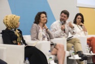 Riri Asnita, Laetitia Dablanc, Claudio Orrego, and Ana Toni on MOBILIZE stage during climate change plenary