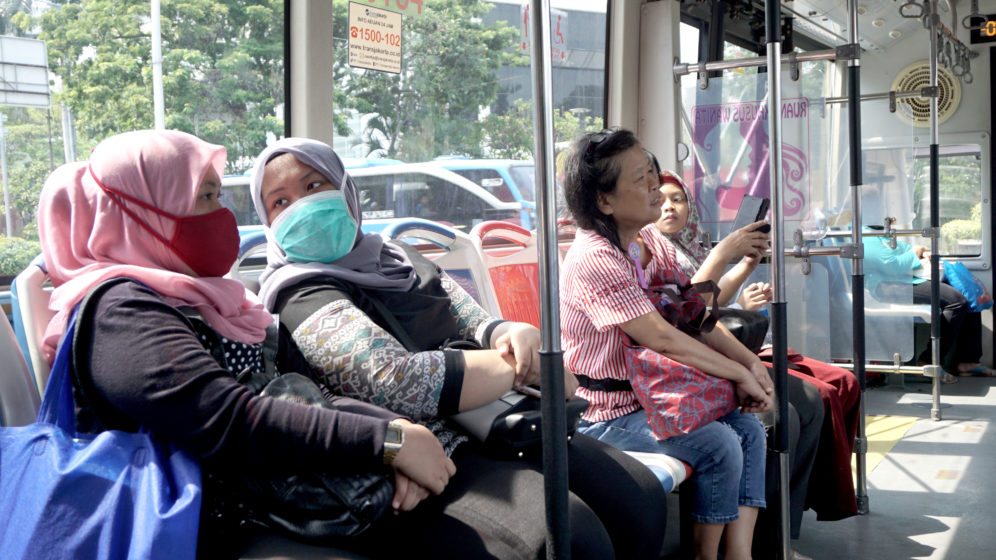 Women in women's only area on Transjakarta bus
