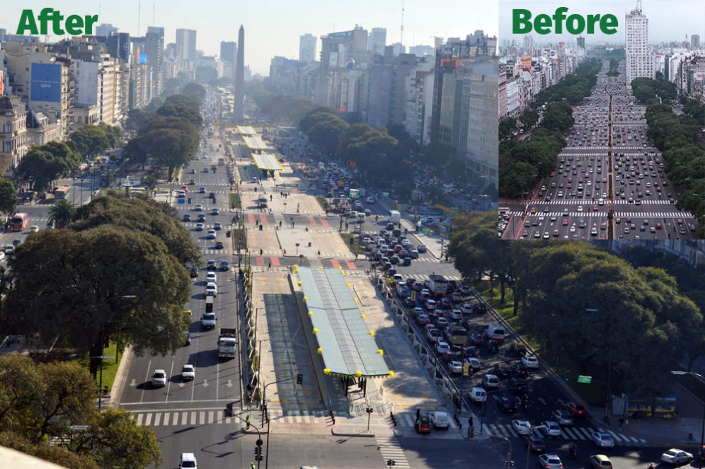 Buenos Aires, Argentina boulevard before and after pedestrian and public transit intervention