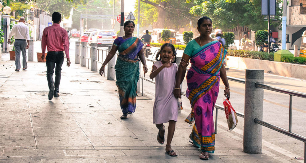 Woman and child in pedestrian walkway, Chennai